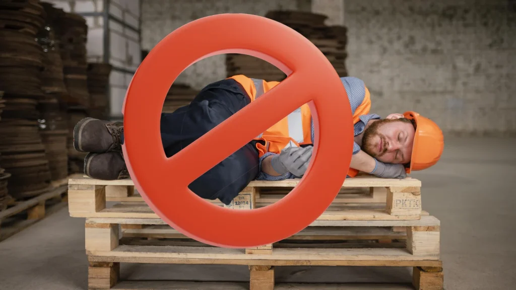A worker sleeps on a pallet with a prohibited sign across the image