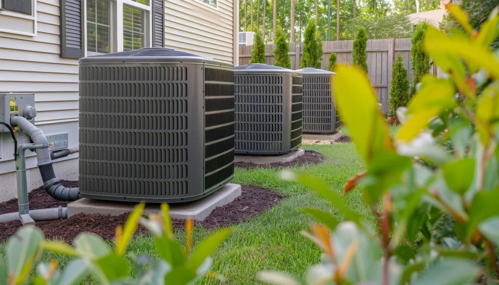 Three outdoor HVAC units outside of a house